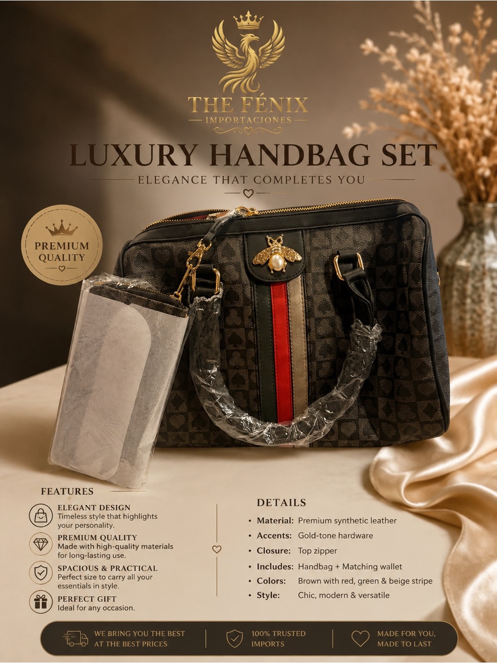 Brown Handbag with Red & Green Stripe - Luxury Women’s Bag